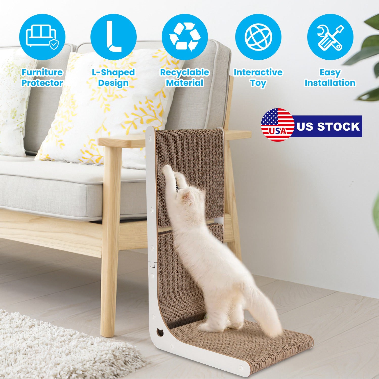 Indoor L Shaped Cat Scratcher with Cat Interactive Toy Cardboard 23.62in High Lounge Bed Furniture Protector Cat Kitten Scratching Pad