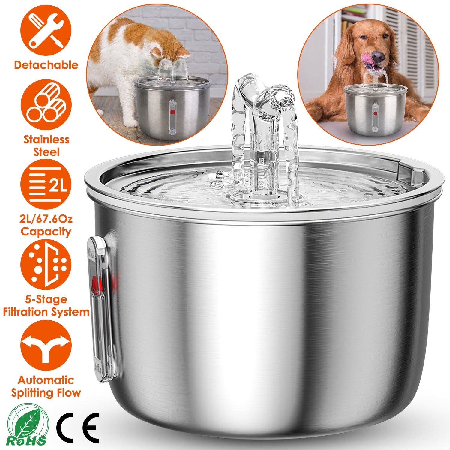2L/67.6Oz Automatic Electric Pet Water Fountain Stainless Steel Pet Drinking Fountain Cat Dog Water Dispenser with Water Level Ultra-quiet Pump
