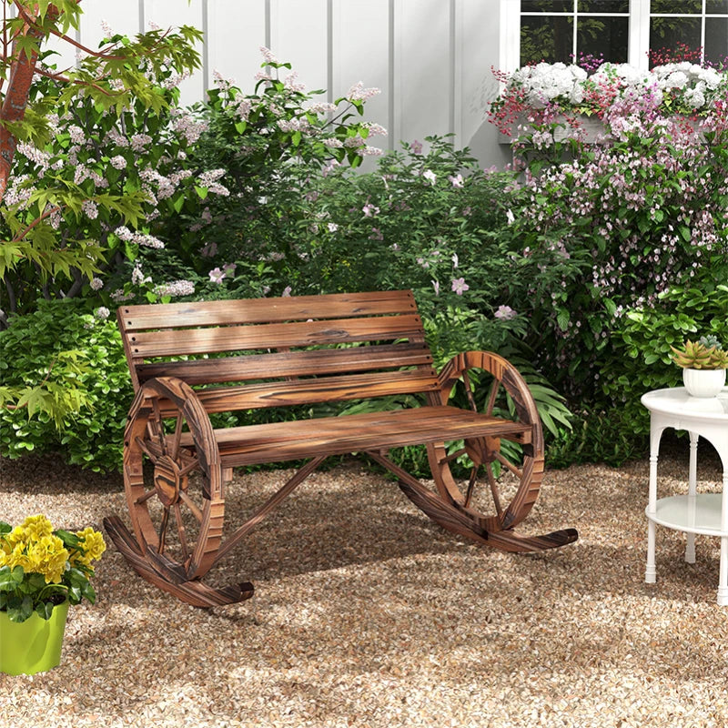 Rocking Outdoor Bench, Wood Outdoor Loveseat with Wagon Wheel Armrests, Carbonized