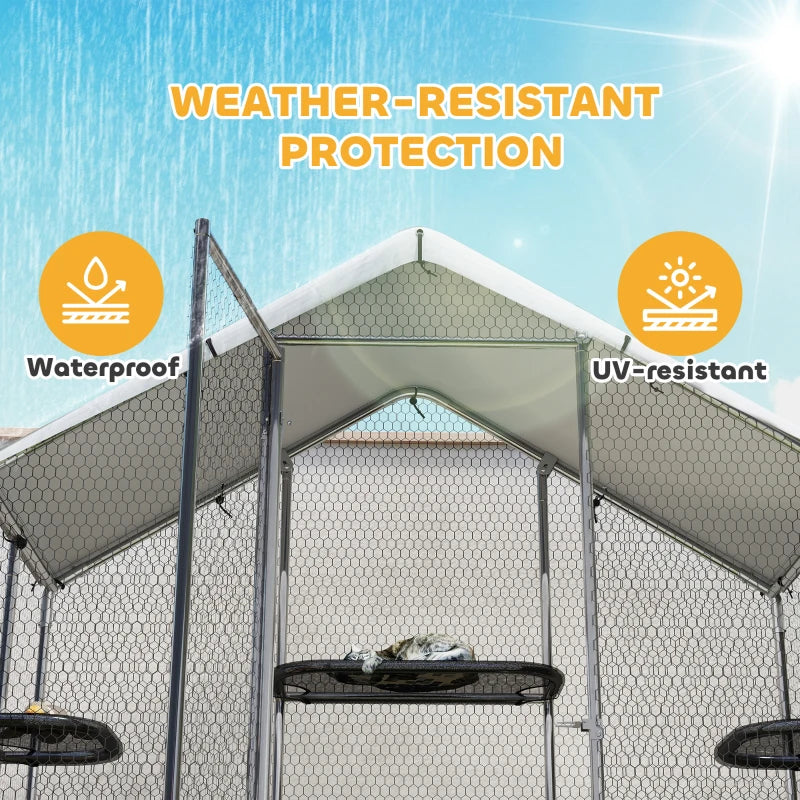 Large Catio Outdoor Cat Enclosure with Waterproof Cover, Walk-in Cat Patio w/ 5 Adjustable Platforms & Hammock