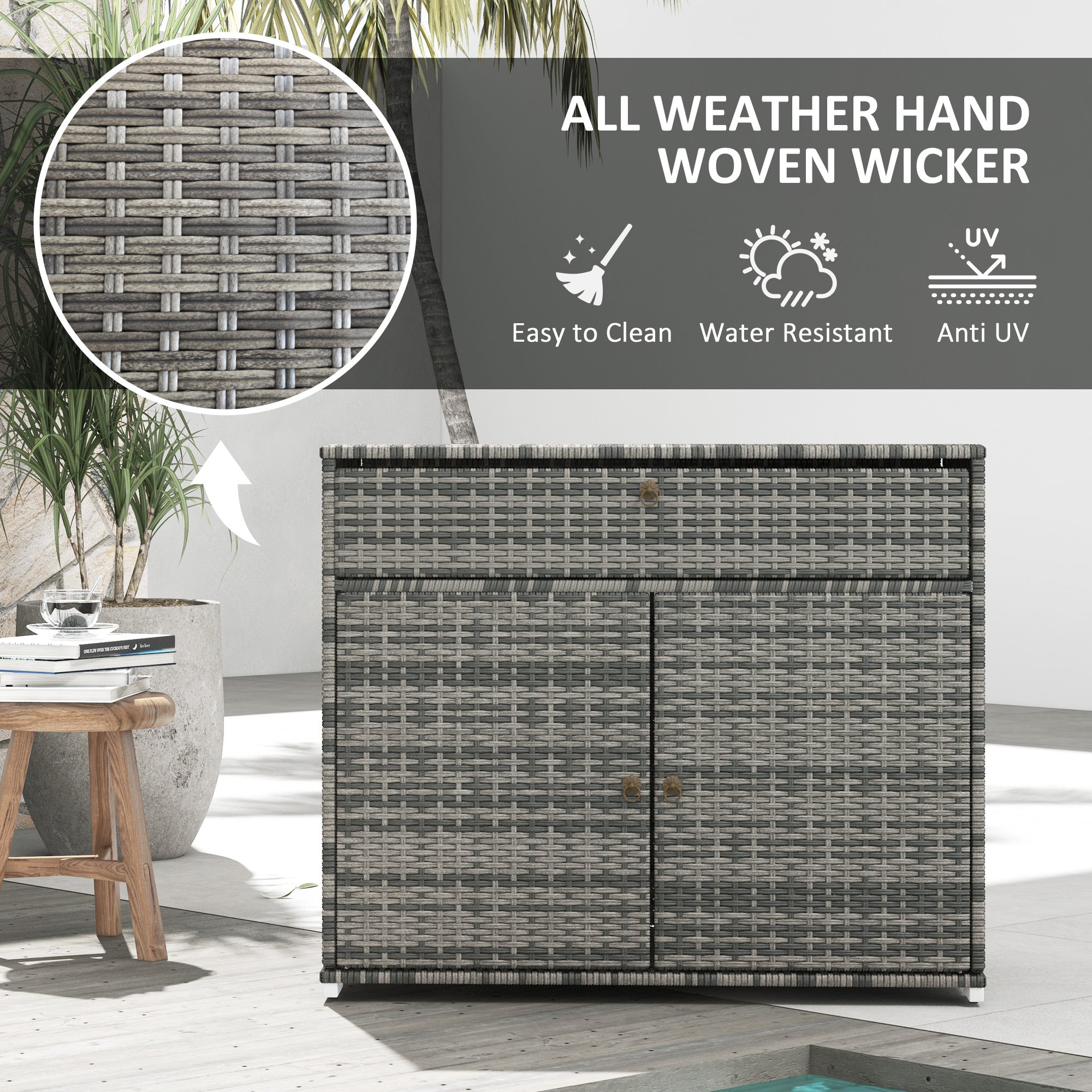 Outsunny Outdoor Storage Cabinet, Wicker 2-Door Pool Towel Storage Cabinet with Drawer, PE Rattan Pool Organizer, Grey