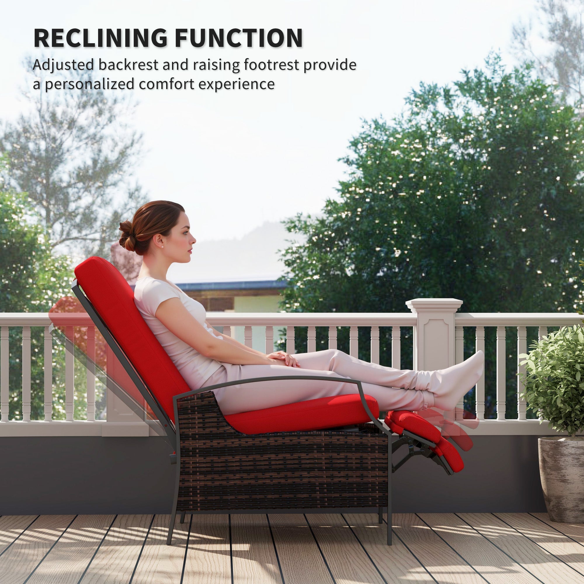 Outsunny Outdoor Rattan Recliner Chair, Wicker Reclining Chair with Adjustable Back Retractable Footrest Cushion Wine Red