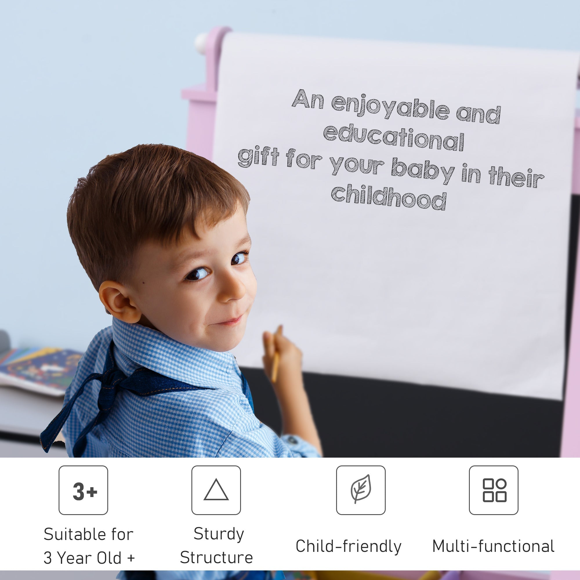 Qaba 3 In 1 Kids Wooden Art Easel w/ Paper Roll Double-Sided Chalkboard Whiteboard with Storage Baskets Gift for Toddler Age 3+ Pink