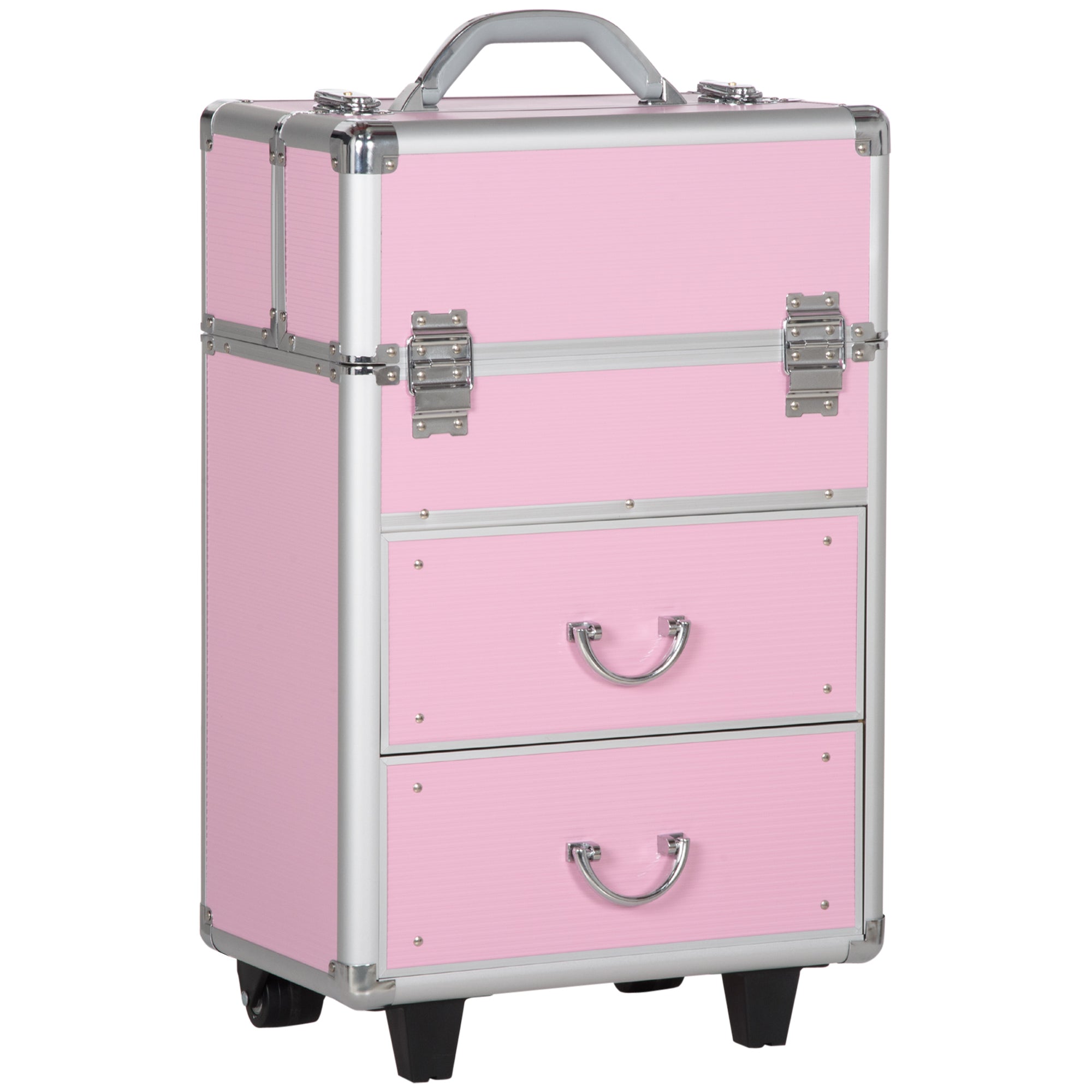 HOMCOM Large Cosmetic Trolley Rolling Makeup Train Case Storage Lockable Cart Pink with Folding Trays Swivel Wheels