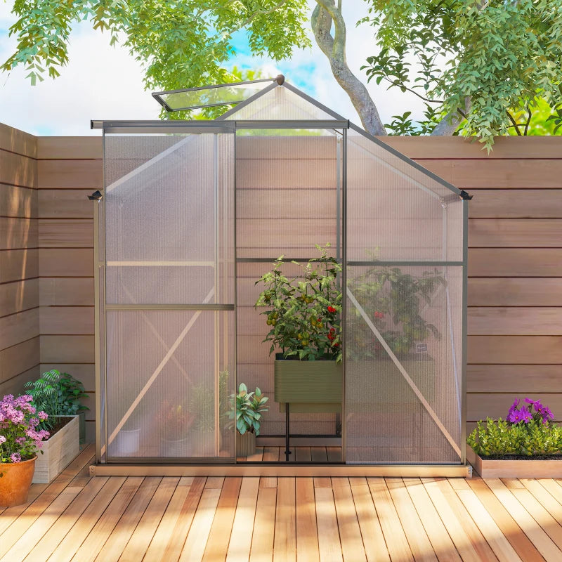 6' x 2.5' Walk-in Polycarbonate Greenhouse Aluminium Green House with Sliding Door, 5-Level Roof Vent, Rain Gutter