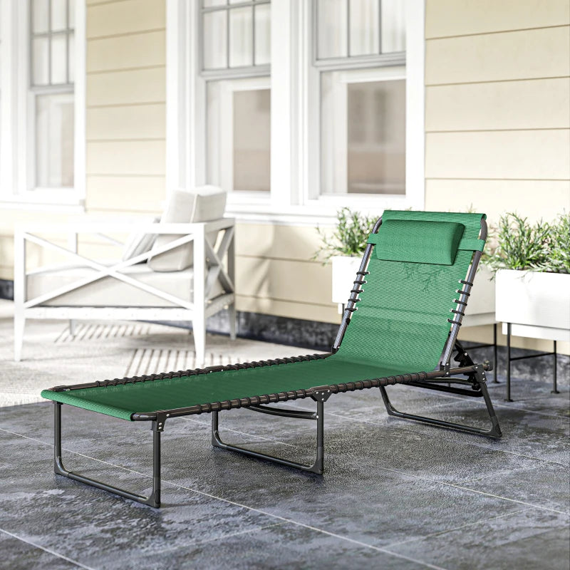 Folding Lounge Chair, Adjustable Chaise Lounge with Headrest, Reclining Lounger Cot for Camping, Hiking, Green
