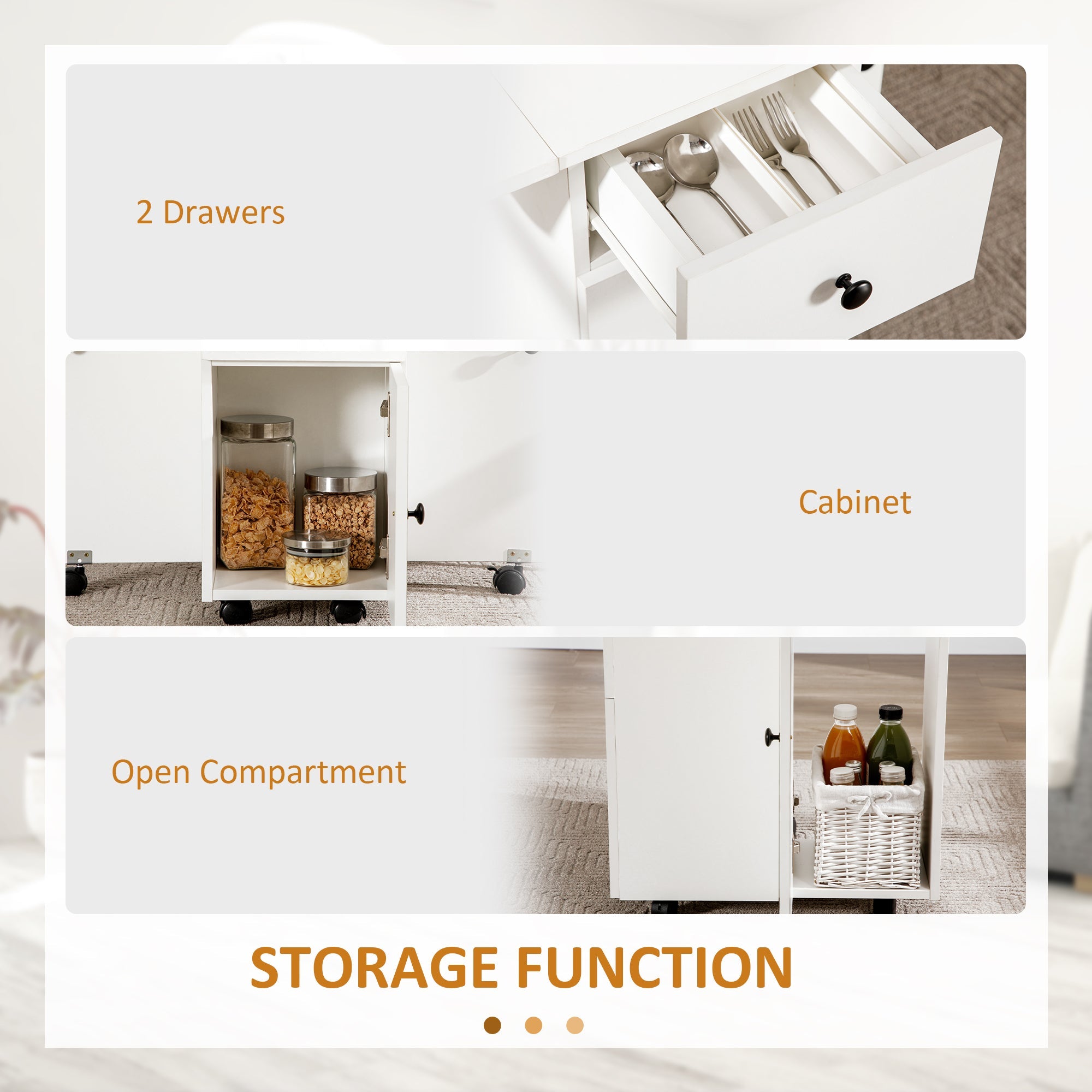 HOMCOM Rolling Kitchen Table Foldable Dining with Storage Drawers Cabinet Drop Leaf Wheels White