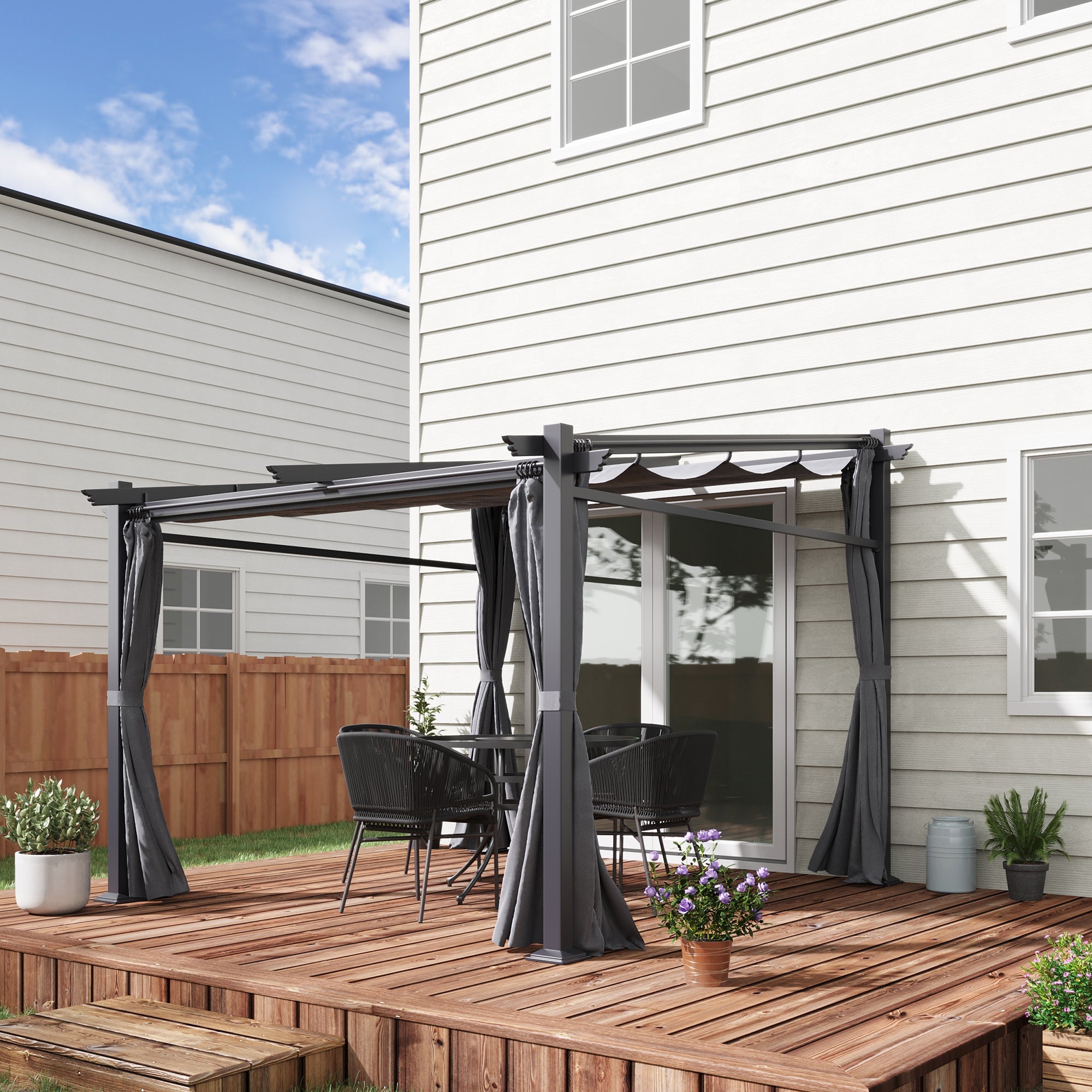Outsunny 9.7'x9.7' Metal Pergola with Retractable Roof Dark Grey Outdoor Shade Canopy