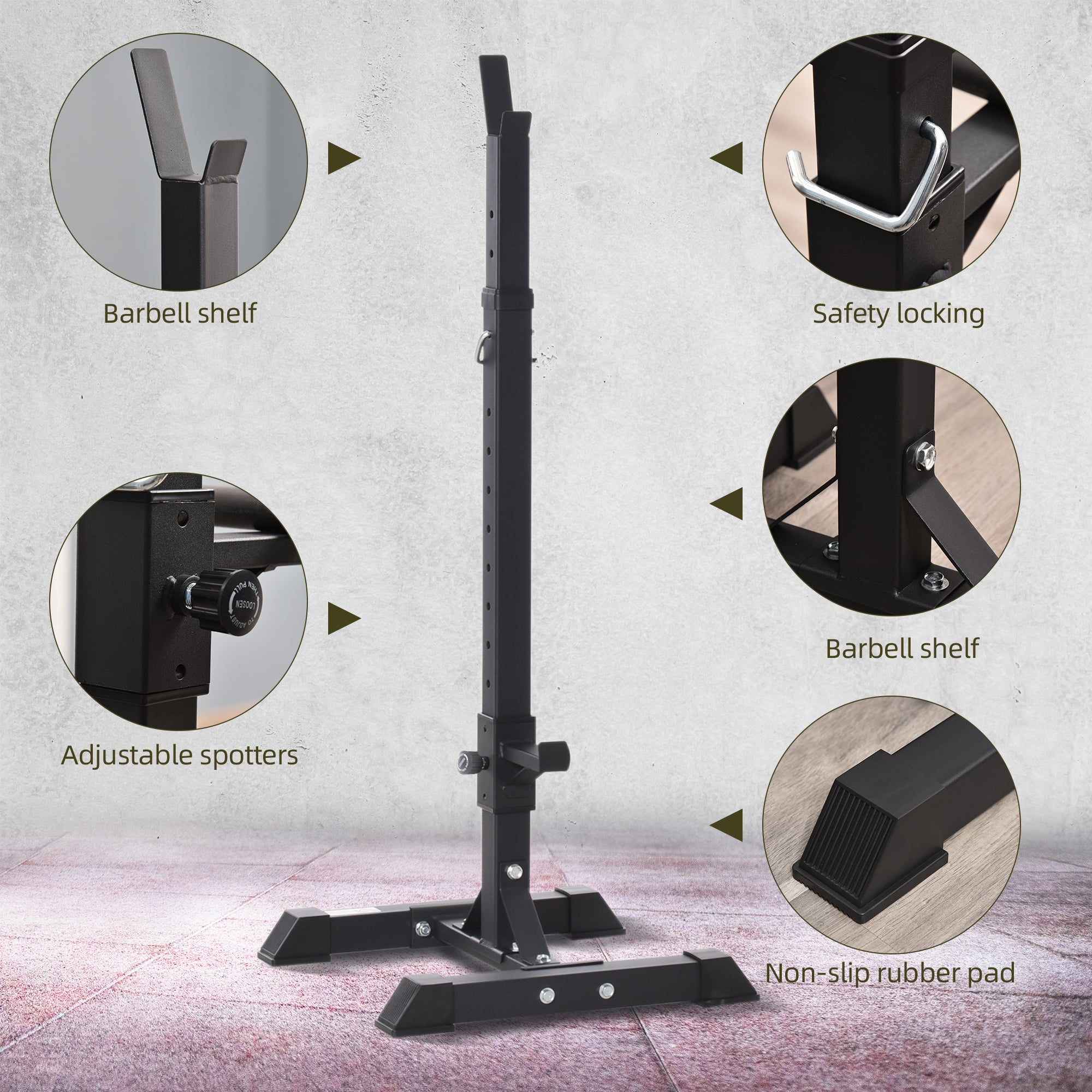 Soozier Adjustable Stable Power Squat Stand Portable 2 Bars Barbell Holder Weight Lifting Rack Black for Home Gym Workout