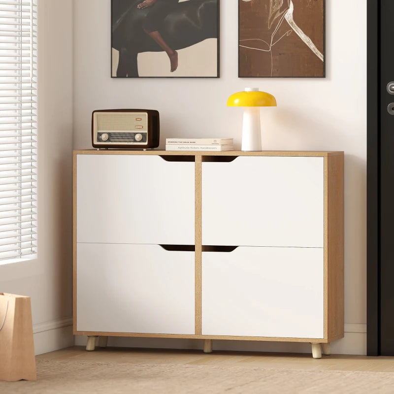 Narrow Shoe Cabinet, Shoe Storage Cabinet with 4 Flip Drawers and Adjustable Shelves for 16 Pairs of Shoes, Natural