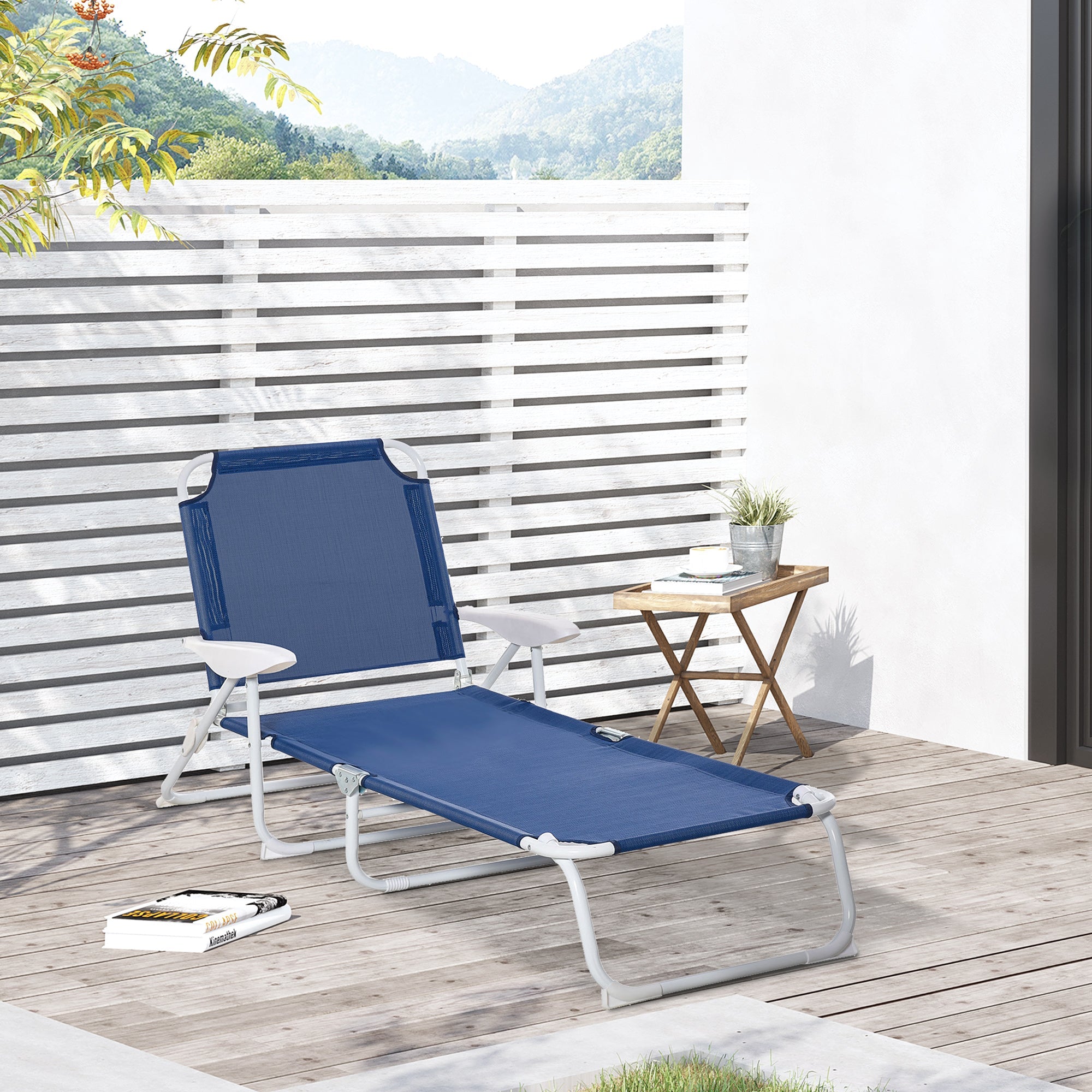 Outsunny Patio Sun Lounger Folding Garden Beach Recliner Chair with 4-Level Adjustable Backrest Blue