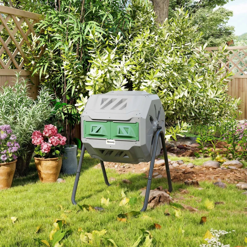 Tumbling Compost Bin Outdoor Dual Chamber 360° Rotating Composter 43 Gallon with Sliding Doors, Dark Green