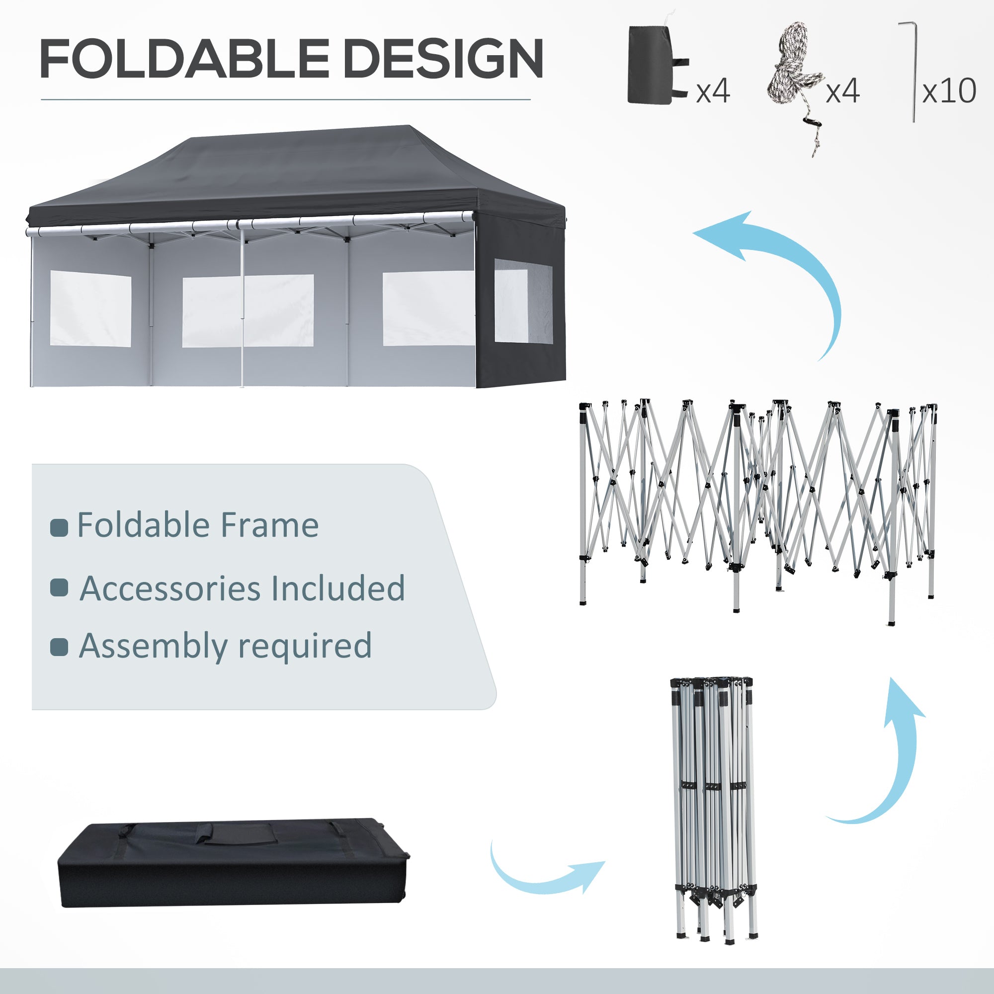 Outsunny 20'x10' Pop Up Canopy Tent Folding Instant Shelter Gazebo Removable Sidewalls Windows Sand Weights Bags