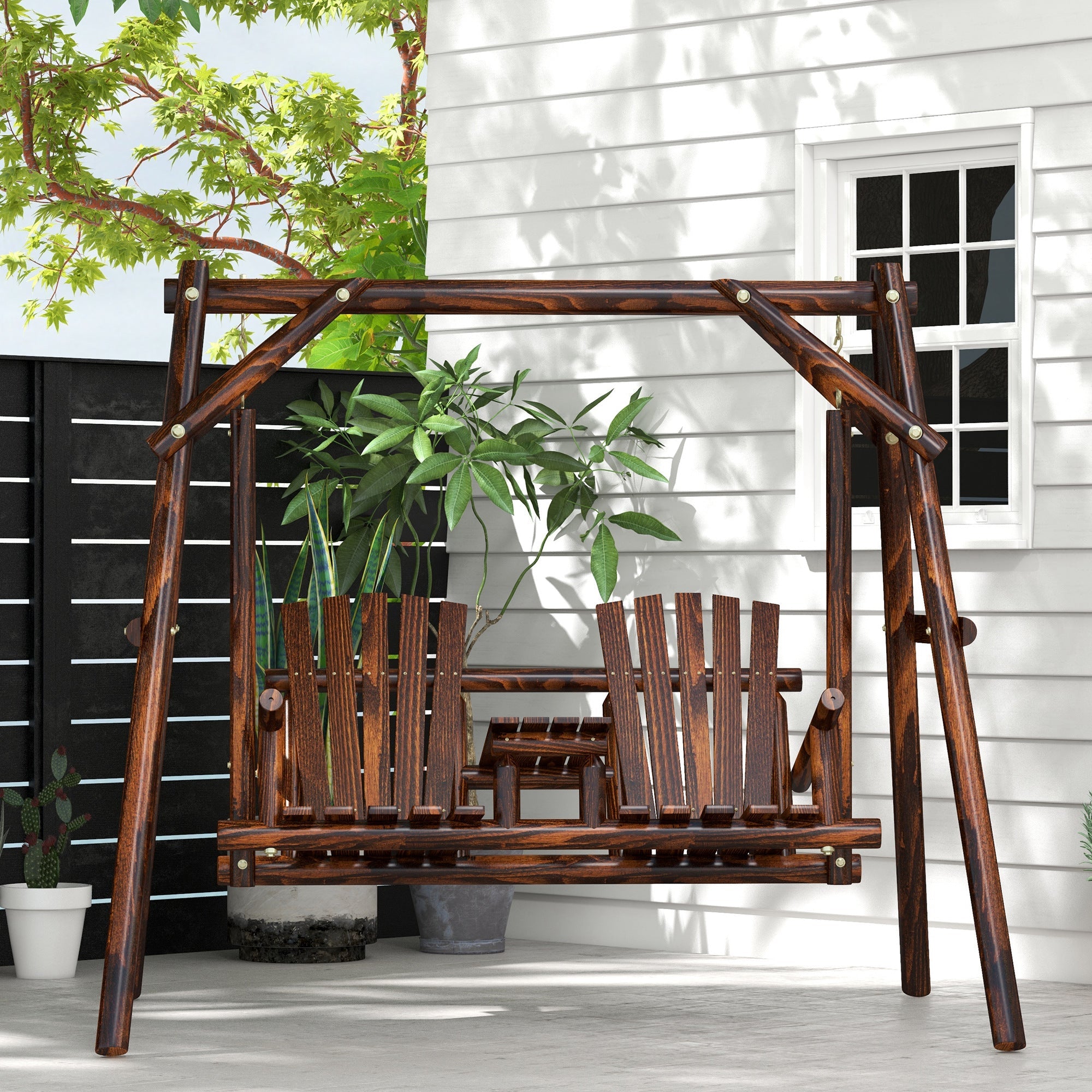 Outsunny Wooden Porch Swing with 2-Seat Design, A-Frame Outdoor Bench, Relaxing Swing with Center Table