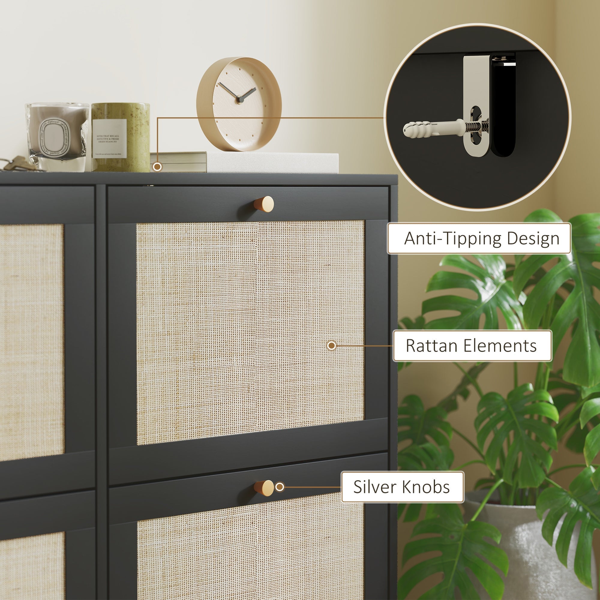 HOMCOM Narrow Shoe Storage Cabinet, Rattan Shoe Cabinet with 4 Flip Drawers and Adjustable Shelves for 20 Pairs, Black