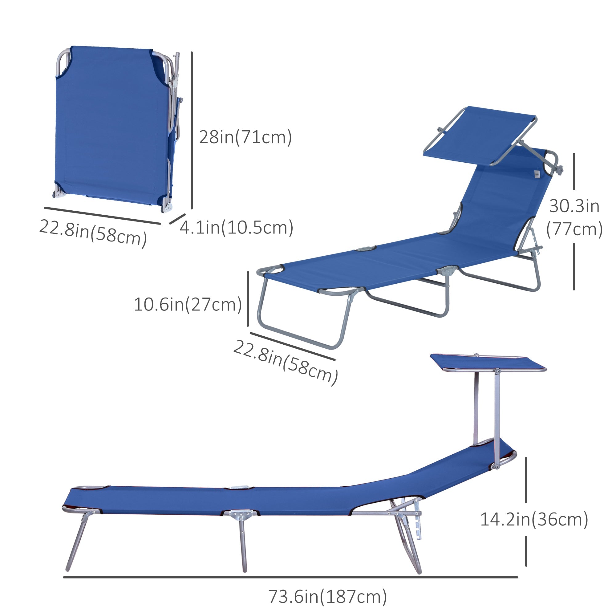 Outsunny Garden Chaise Lounge Adjustable Outdoor Camping Beach Bed with Sun Shade Portable Comfort Blue