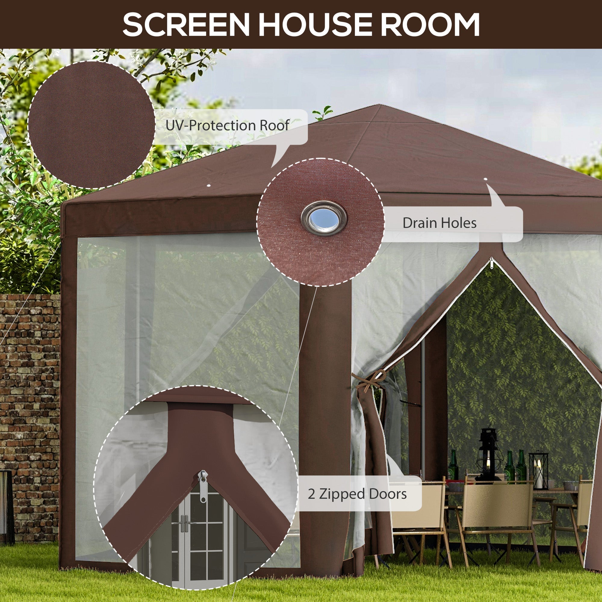 Outsunny 13' x 13' Hexagonal Party Tent, Canopy Tent with Nettings, Zipped Doors for Garden, Patio, Outdoor, Brown
