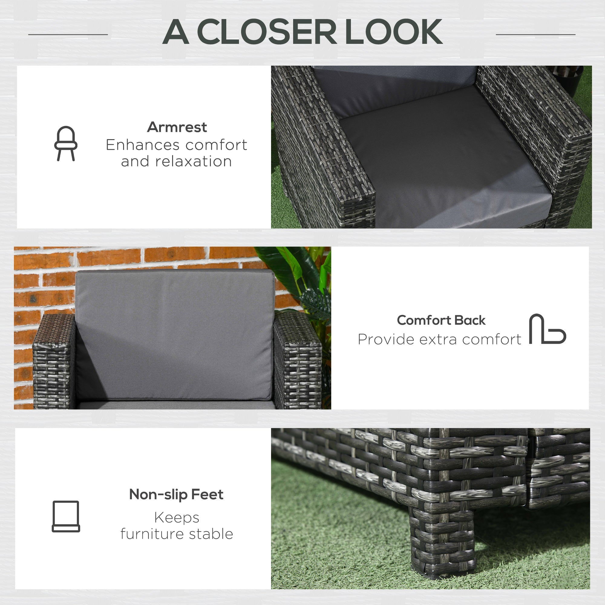 Outsunny Outdoor Rattan Sofa, Patio Wicker Armchair with Cushions for Garden, Balcony, Porch, Grey