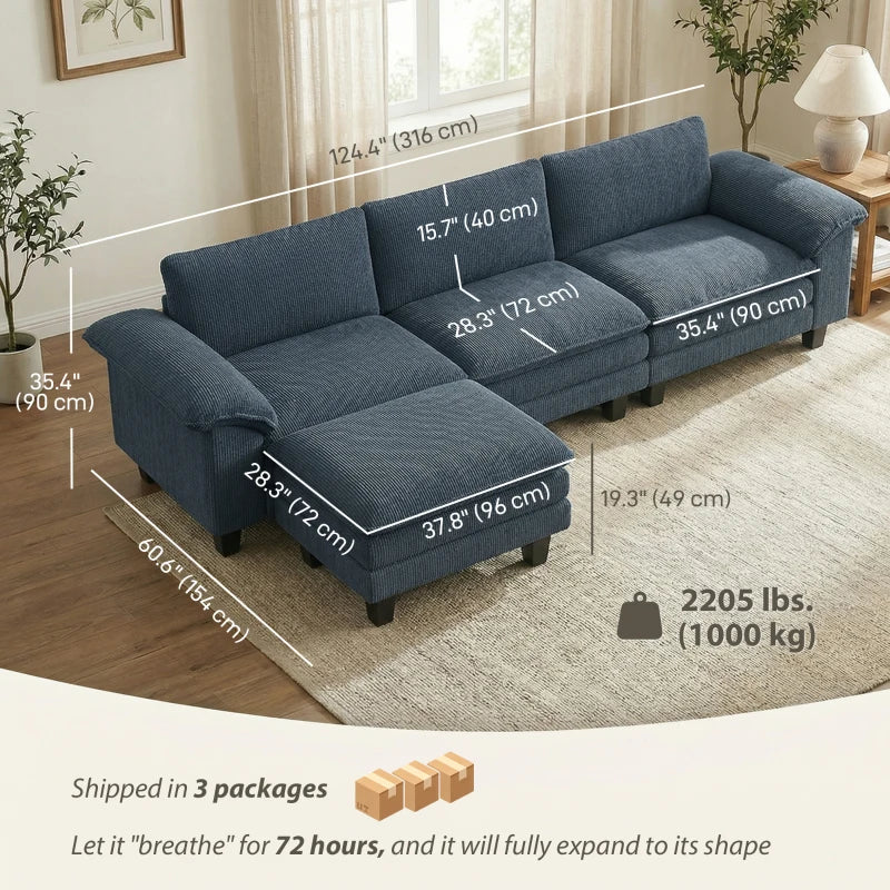 HOMCOM L-Shaped Sectional Sofa with Deep Seats, Movable Ottoman & Pillow-Top Armrests, Contemporary Corduroy Couch – Blue