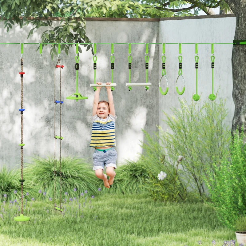 Qaba Obstacle course for Kids, with 10-Piece Slackline Kit with Monkey Bars, Gym Rings, Rope Ladder, Nest Swing, Hanging Tray