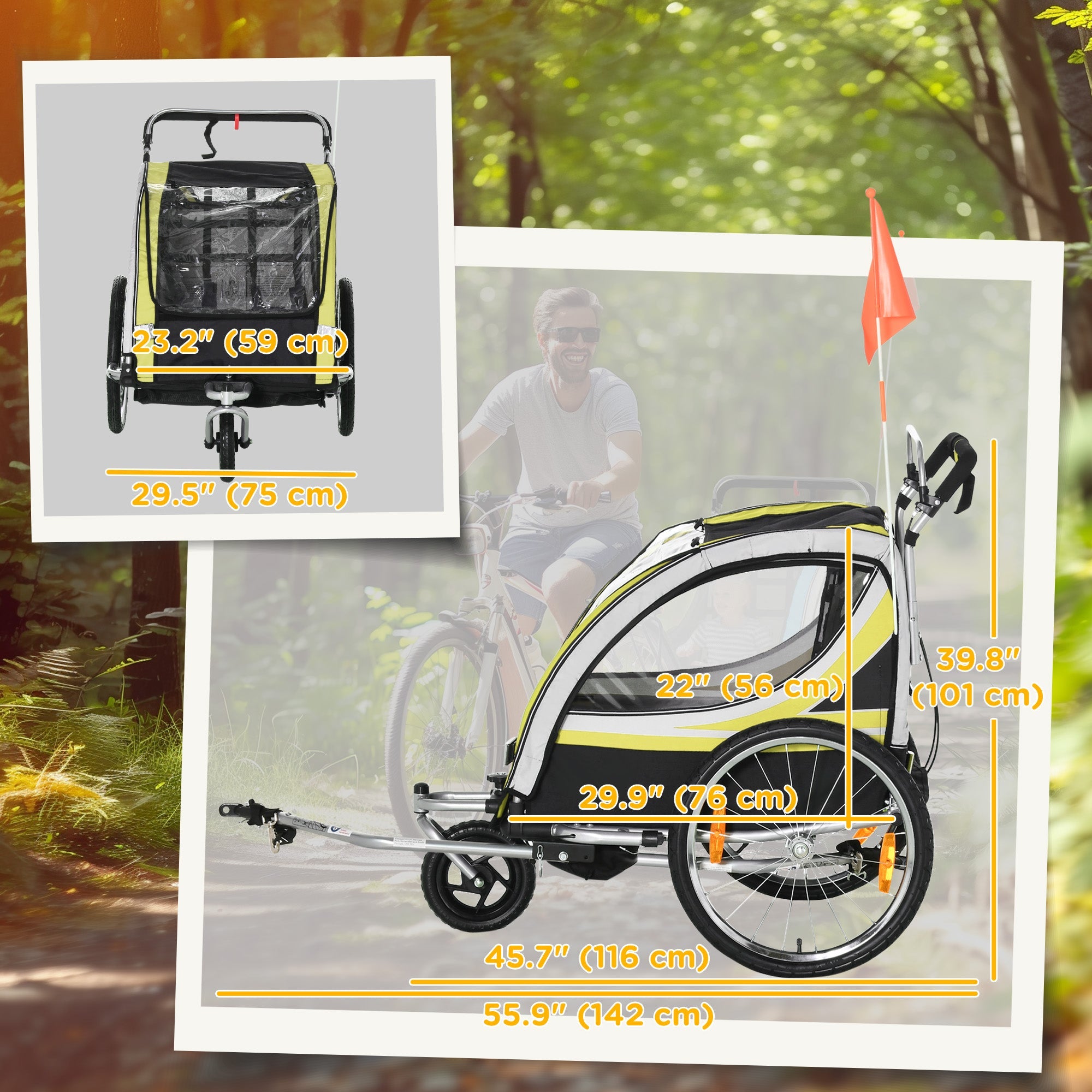 Aosom 2-in-1 Convertible Child Bike Trailer & Stroller Combo Safety Brake Storage Basket Yellow Color Outdoor