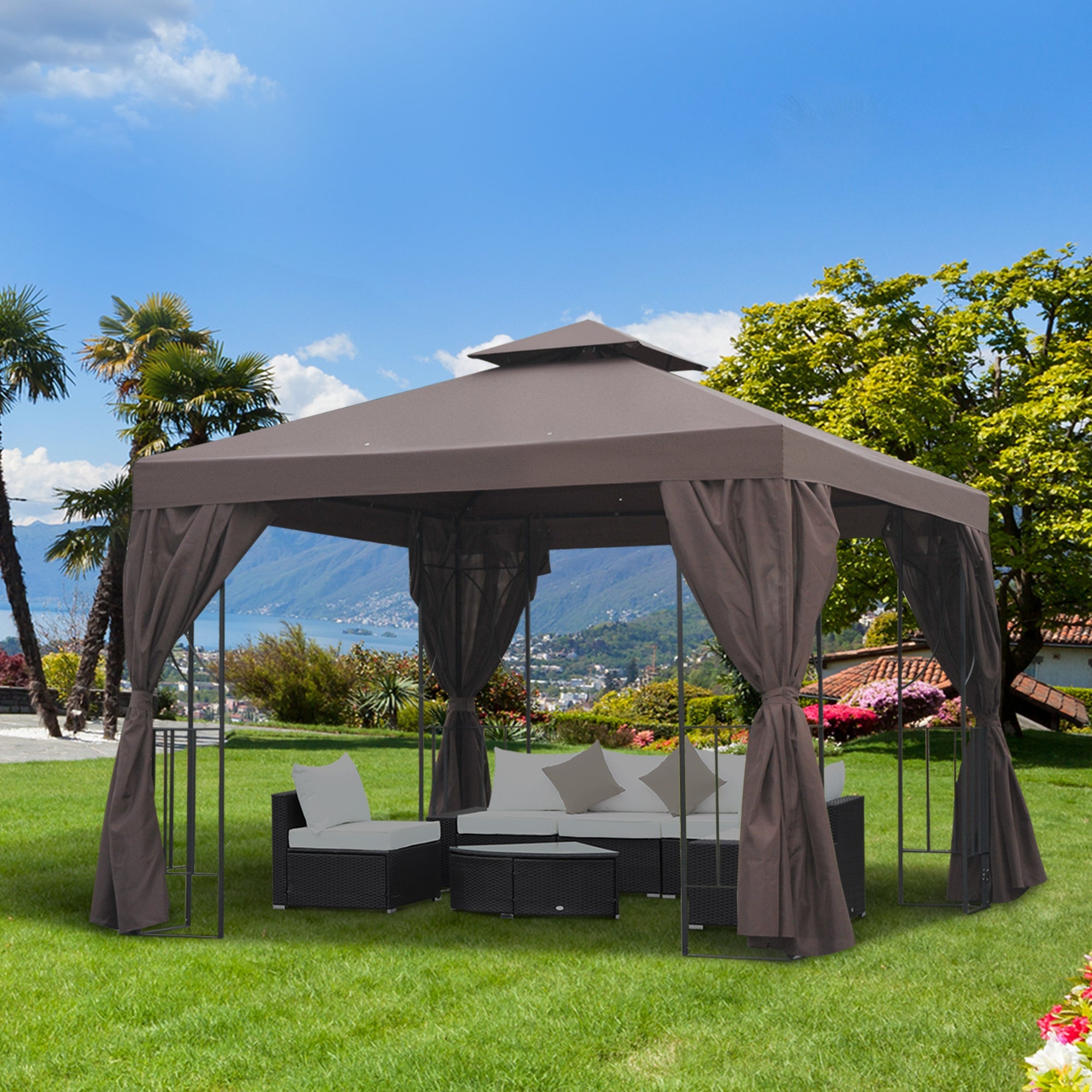 Outsunny 10'x10' Outdoor Patio Gazebo Canopy Brown Garden Shelter with Sidewalls