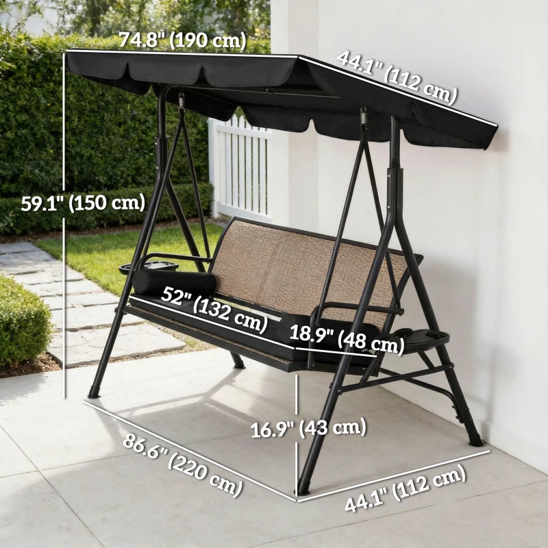 Outdoor 3-Seat Porch Swing with Canopy, Rattan Seat, Removable Cushion, Pillows and Steel Frame