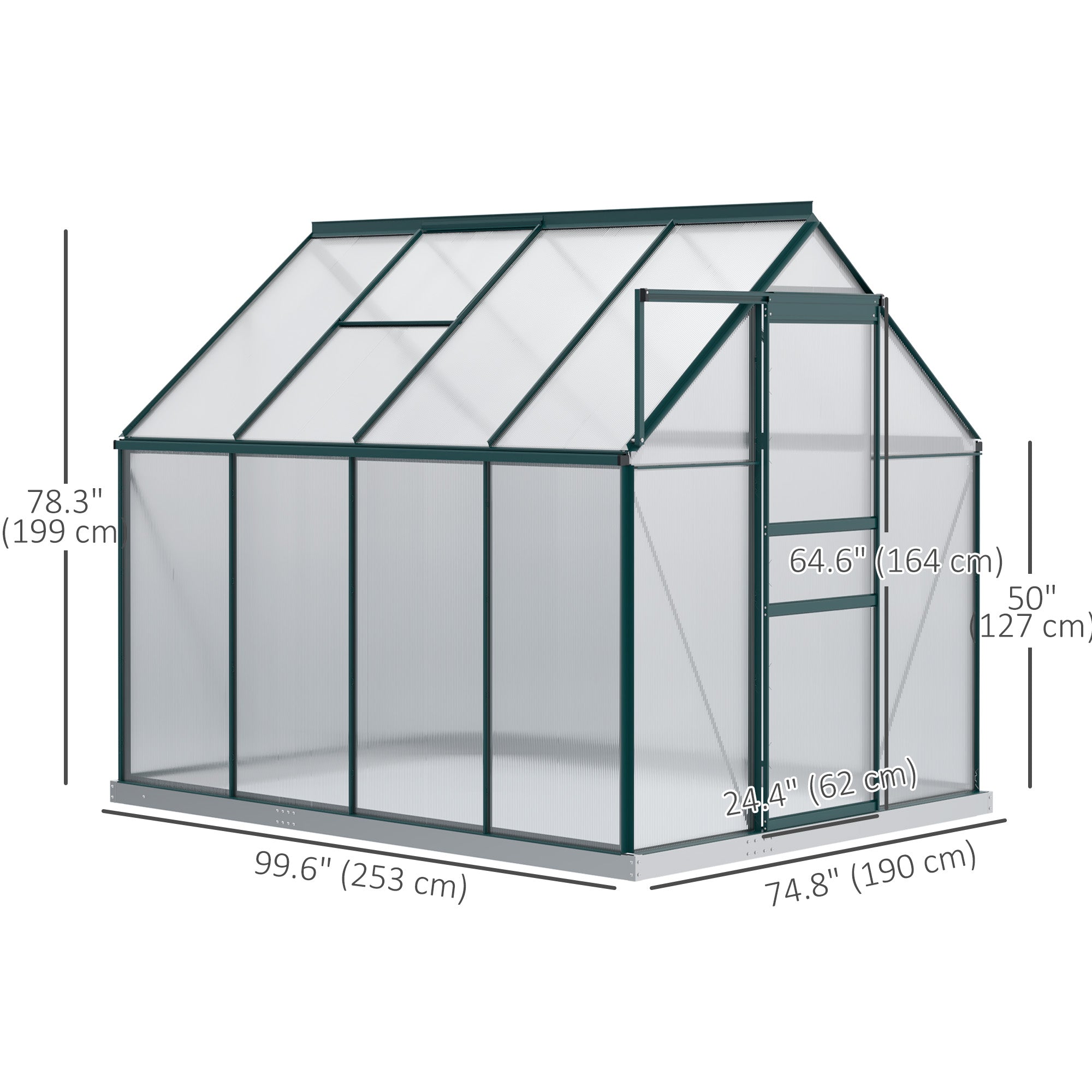 Outsunny 6' x 8' x 6.5' Polycarbonate Greenhouse, Walk-in Green House with Adjustable Roof Vent Galvanized Base Sliding Door Rain Gutter for Outdoor Garden Backyard, Green