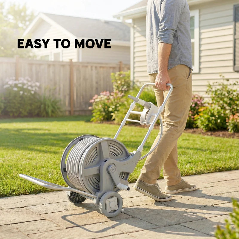 Hose Reel Cart with Wheels, 1/2" x 148ft Garden Hose Reel with 2 Patterns Nozzle, Faucet Adaptors, Rewind Handle, Grey