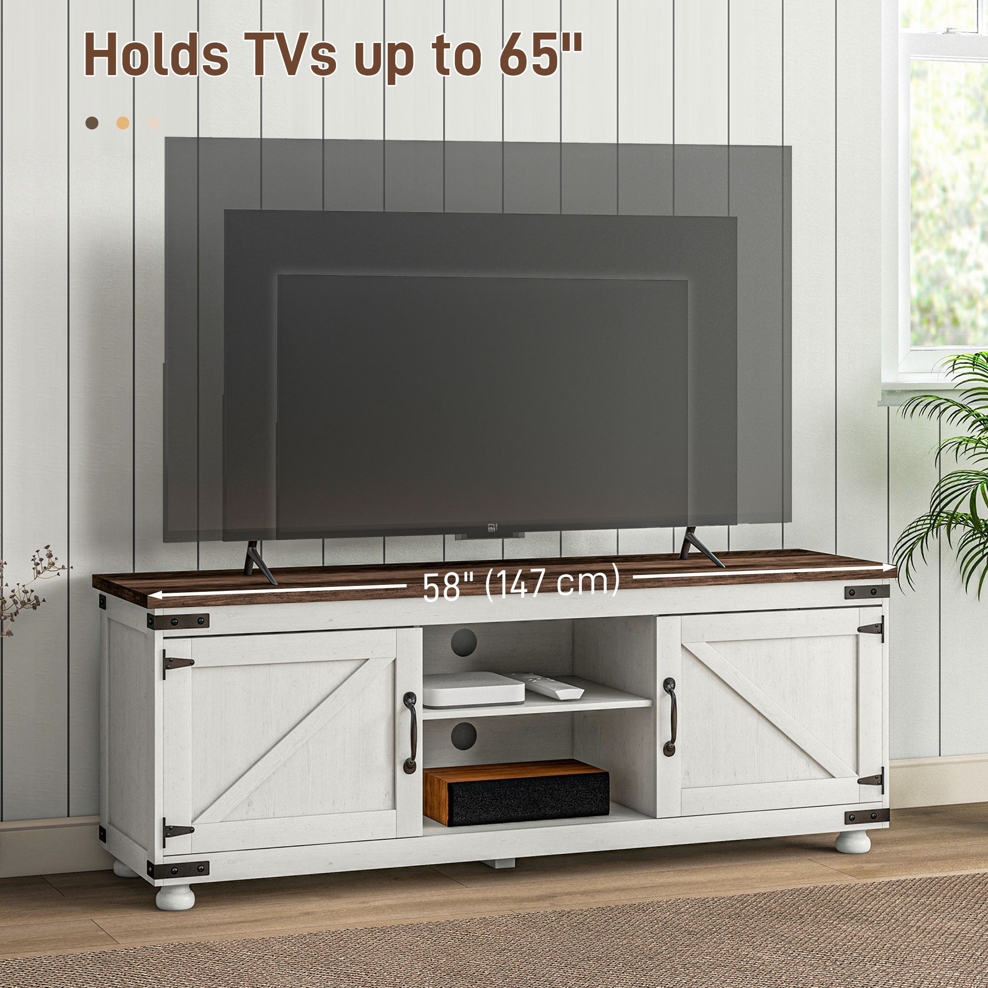 HOMCOM TV Stand Farmhouse Cabinet for up to 65" TV Barn Doors Cable Management Living Room Distressed White