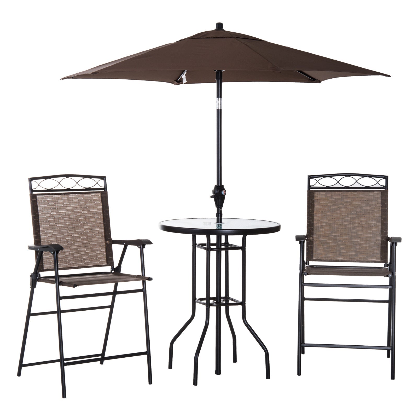 Outsunny 4 Piece Patio Bar Set Sling Folding Outdoor Furniture with Umbrella Brown for Poolside Backyard Garden