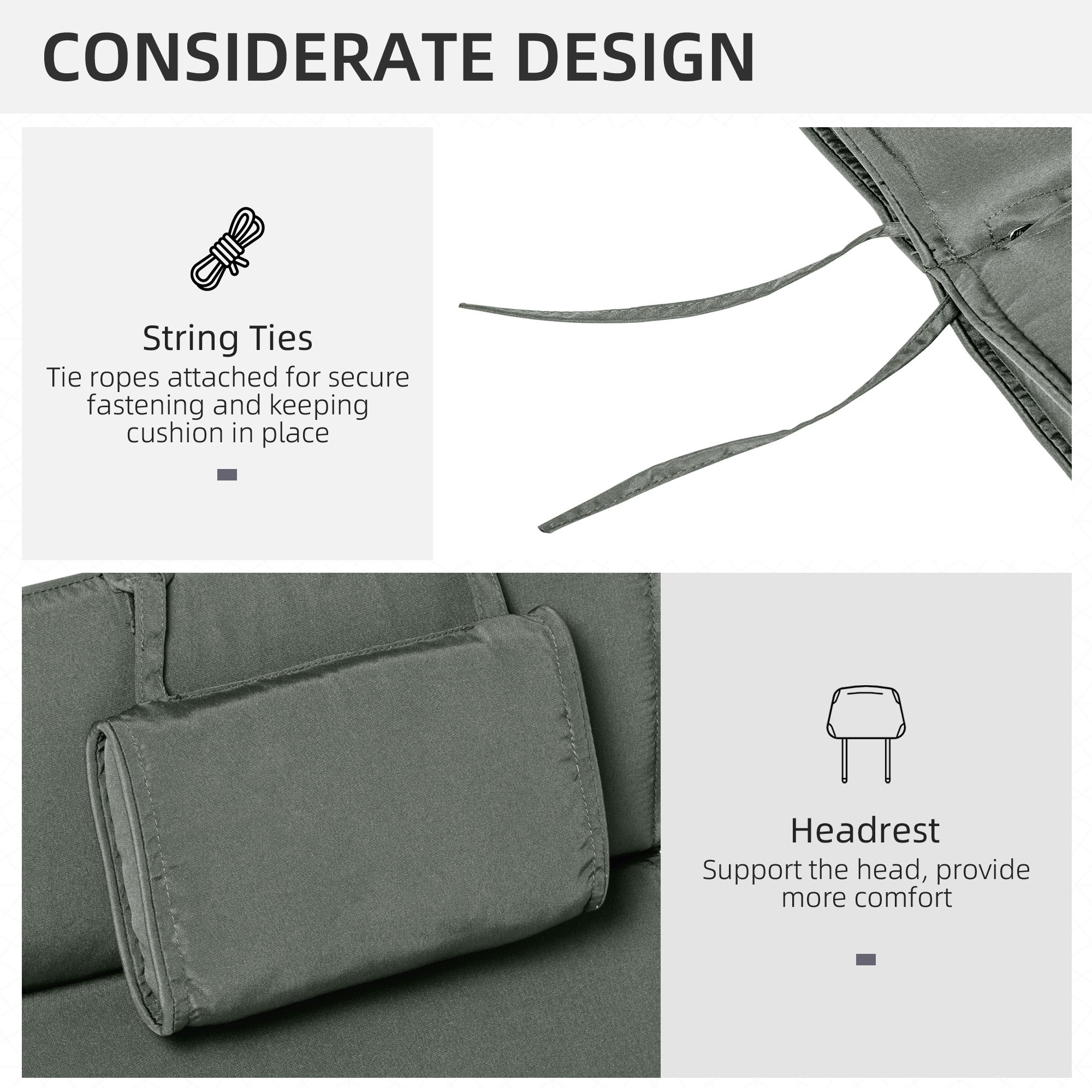 Outsunny Patio Lounger Chair Cushion Replacement Deep Seat Outdoor Cushions with Headrest Grey Removable Cover