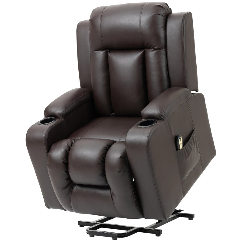 Electric Power Lift Chair, PU Leather Recliner Sofa with Footrest, Remote Control and Cup Holders, Brown