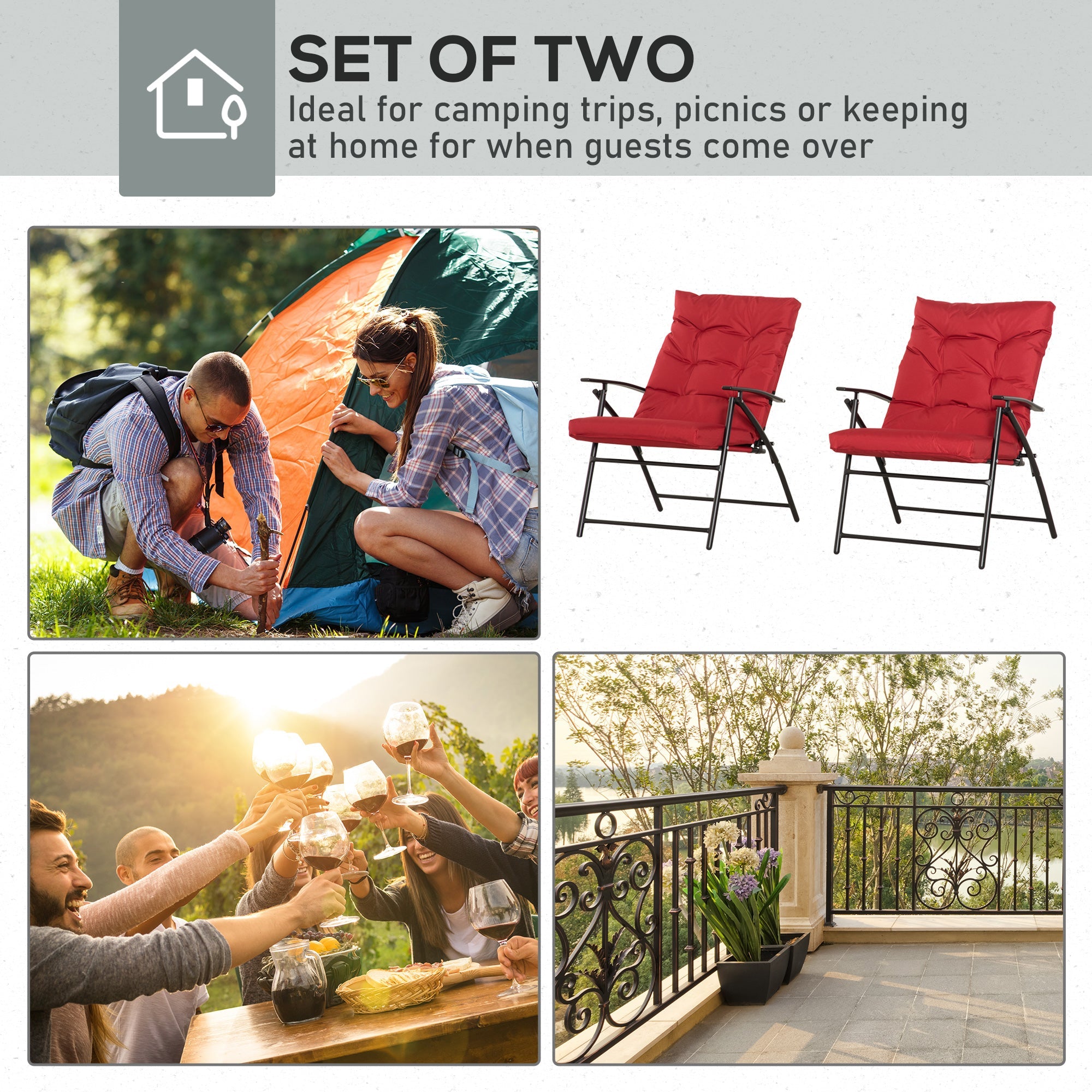 Outsunny Set of 2 Outdoor Folding Chairs with Adjustable Backrest, Padded Camping Chairs for Outdoor Events, Red