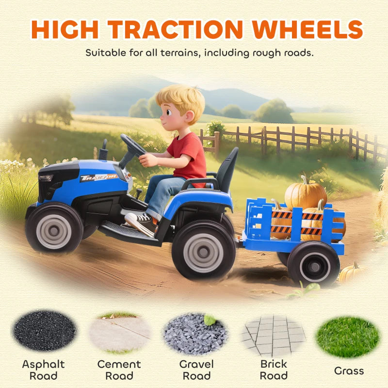 Qaba 12V Kids Ride On Tractor with Trailor, Remote Control, Music, Lights, Shifter, for Kids Ages 3-8 Years, Blue