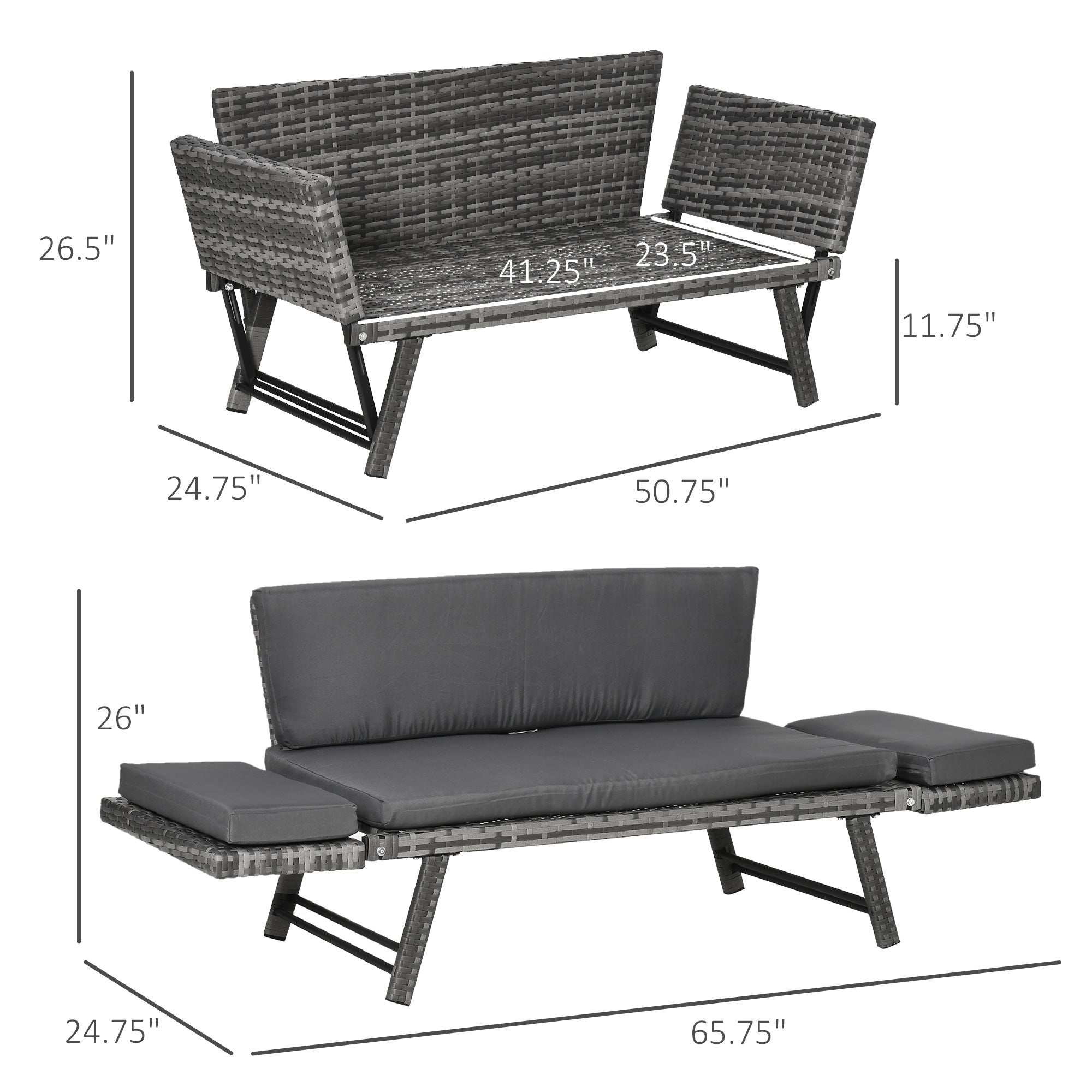 Outsunny Convertible Rattan Sofa Bed Chaise Lounge Wicker Loveseat Armchair Double Seat with Cushion All Weather Patio Furniture Grey