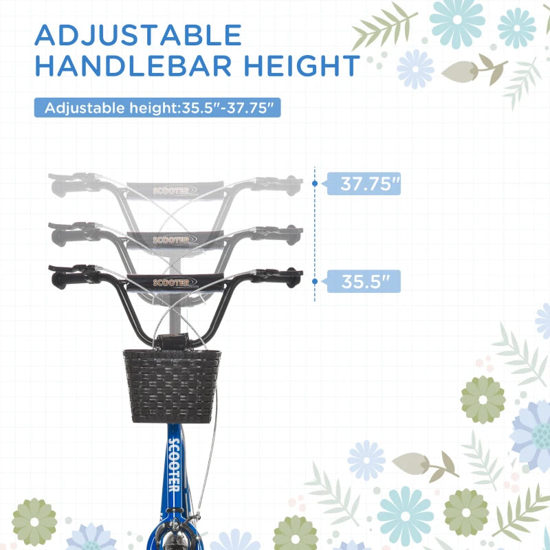 Aosom Kick Scooter with Adjustable Handlebar, Kids Scooter with 2 Brakes Basket Cupholder 16" Inflatable Rubber Tyres Blue