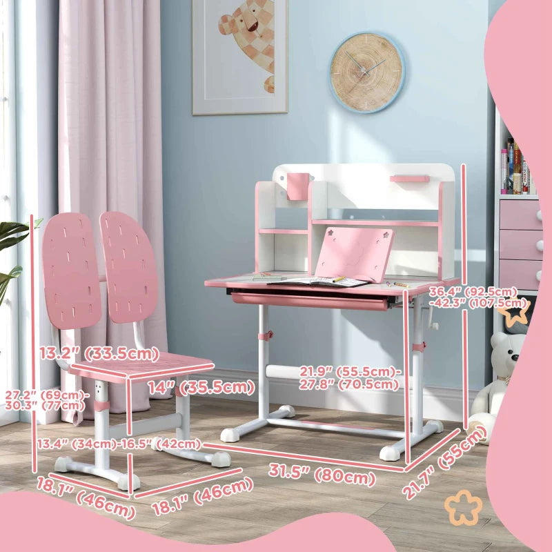 Qaba Adjustable Height Kids Desk and Chair Set, Kids Study Table and Chair with Tilt Desktop, Drawer, Reading Rack, Pink
