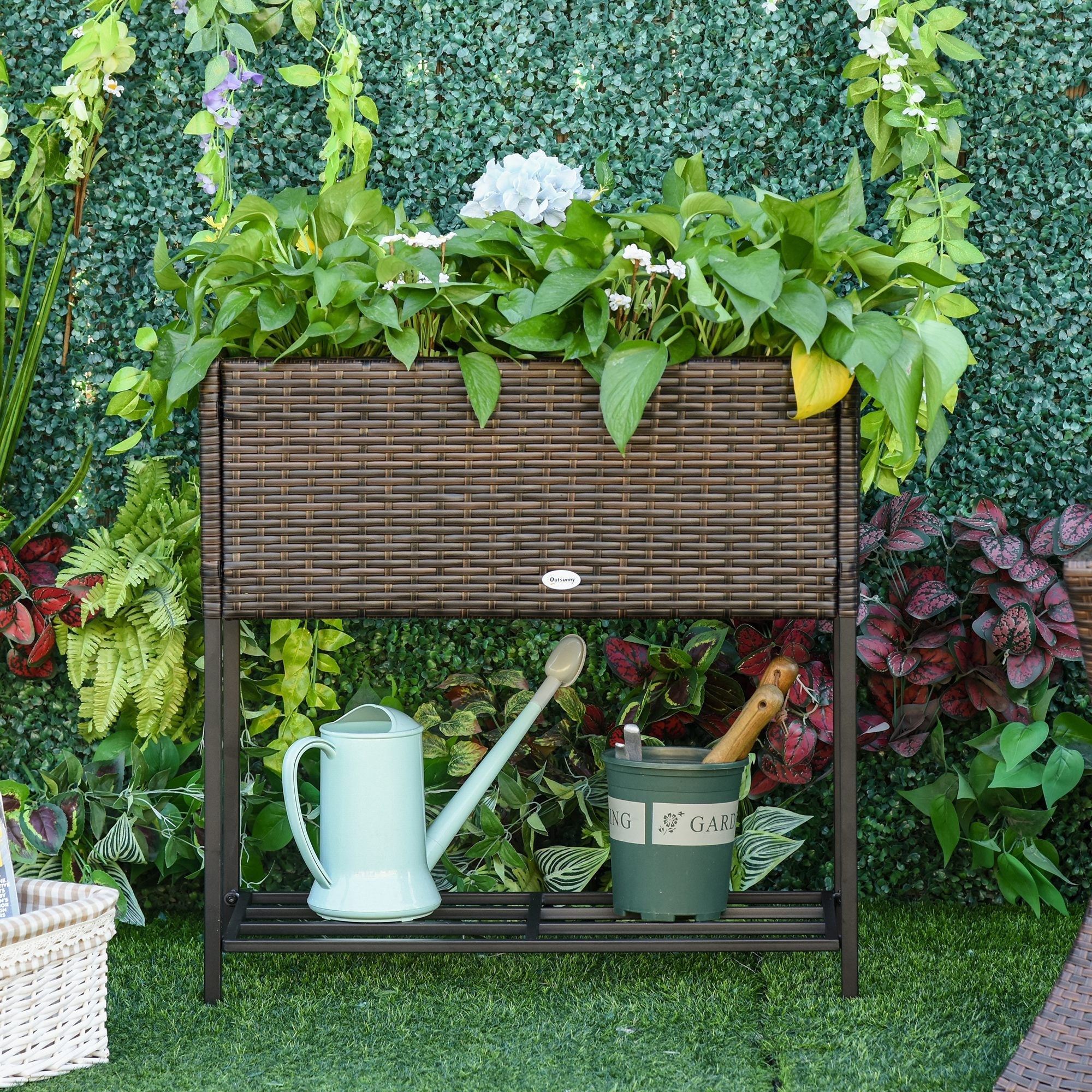 Outsunny Elevated Metal Garden Bed with Rattan Wicker Look & Tool Storage, Modern Raised Planter for Outdoor Gardening, Brown