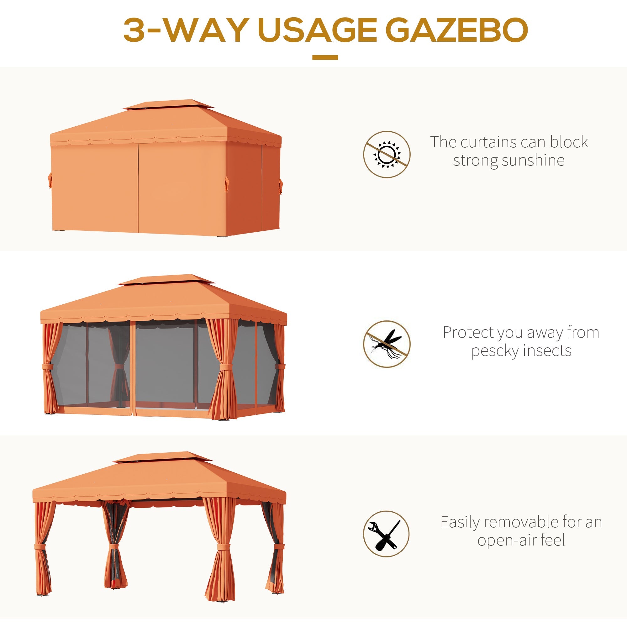 Outsunny 10'x13' Aluminum Frame Gazebo Canopy Garden Shelter Orange with Netting and Curtains