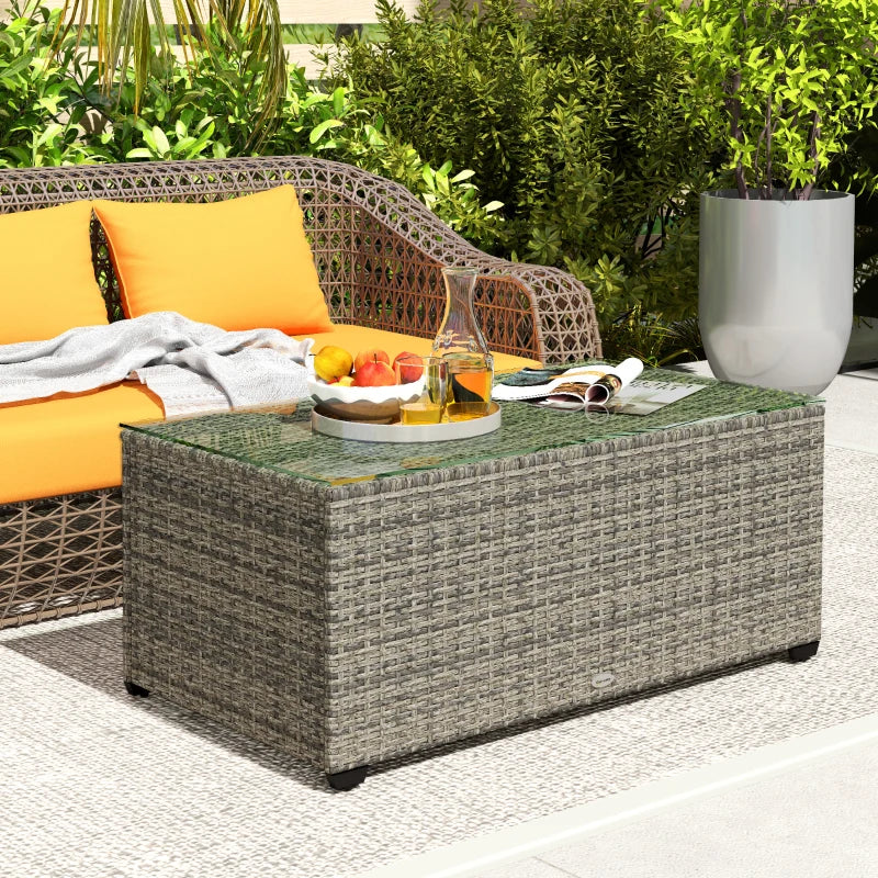 Wicker Outdoor Coffee Table, PE Wicker Rectangular Patio Table with Tempered Glass Top for Garden, Balcony, Dark Grey