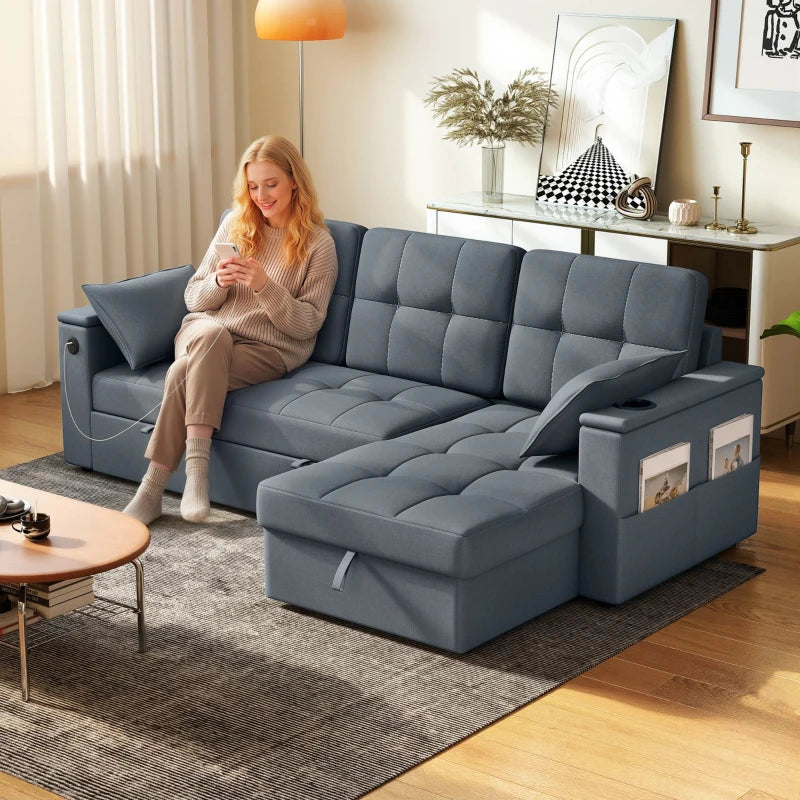 Convertible Sectional Sofa Bed, Pull Out Sleeper Sofa Couch with USB‑A+C, Chaise Storage, L-Shaped Futon Couch, Dark Grey