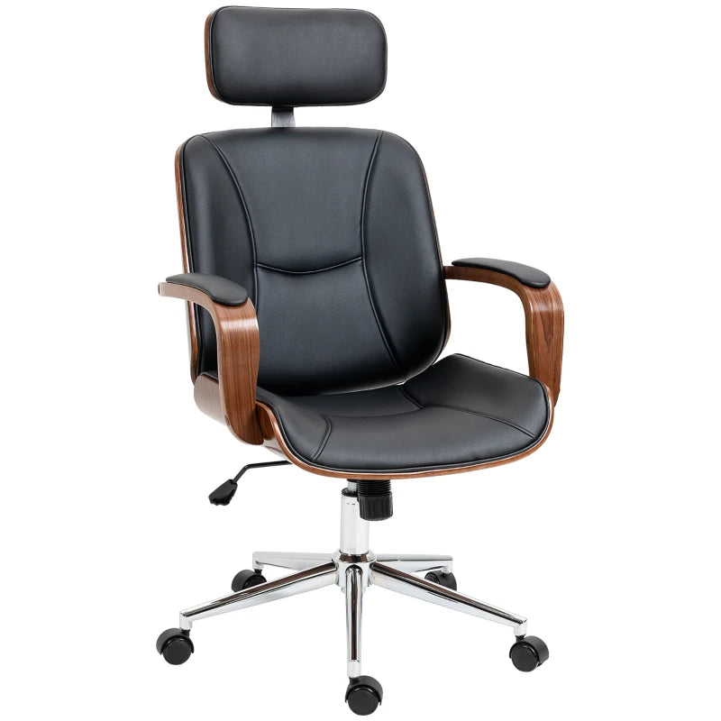 Office Chair, PU Leather Desk Chair with Removable Headrest, Adjustable Height, Tilt Function and with Wheels, Black