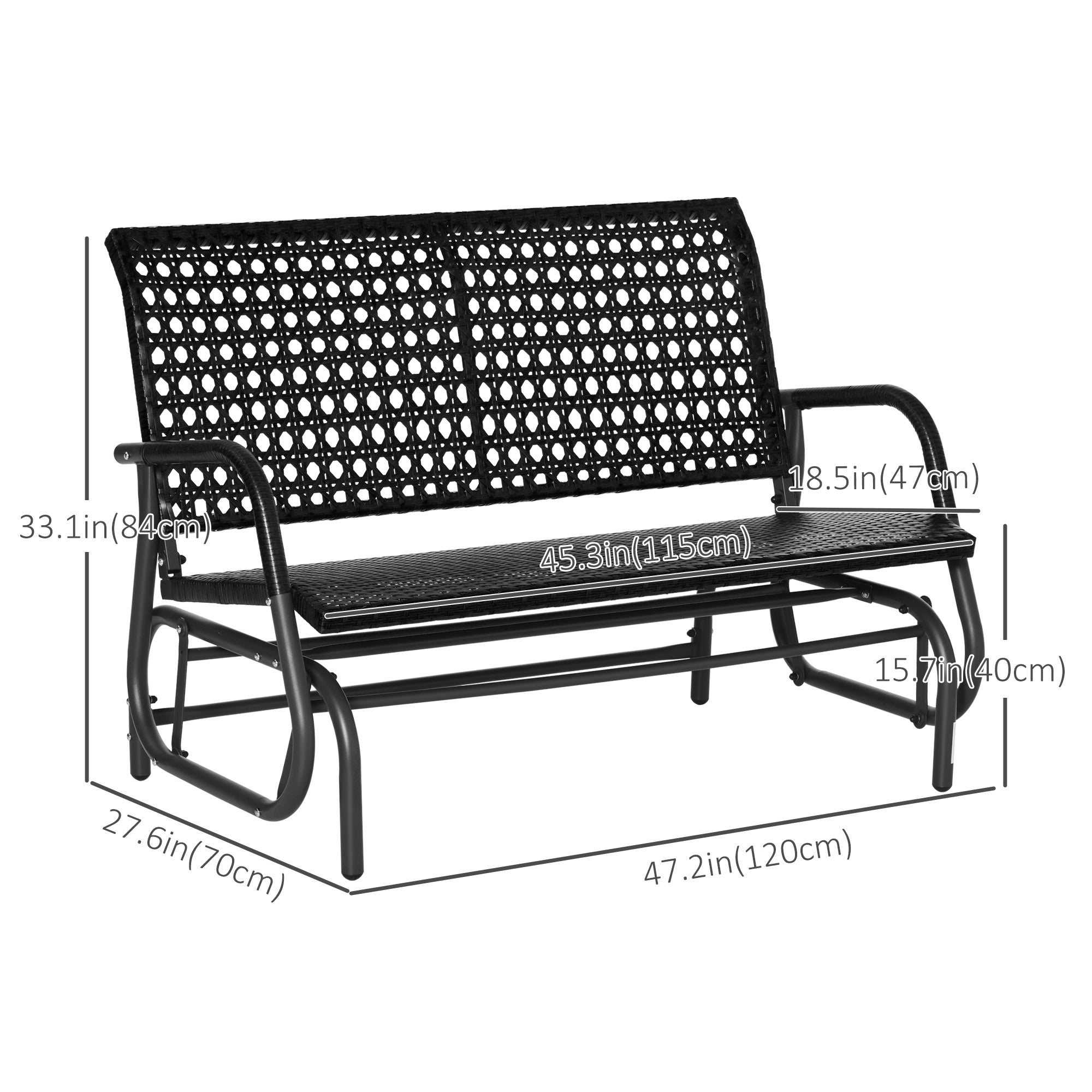 Outsunny Outdoor Rattan Swing Glider Chair 2-Person Patio Loveseat Rocker with Wide Seat Curved Backrest Black
