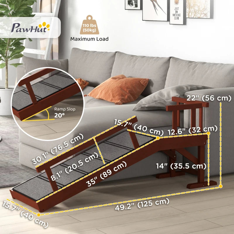 Wooden Dog Ramp for Large Dogs, 49" Long, with Non-slip Rug, Removable Guardrails for Couch, Bed, Brown