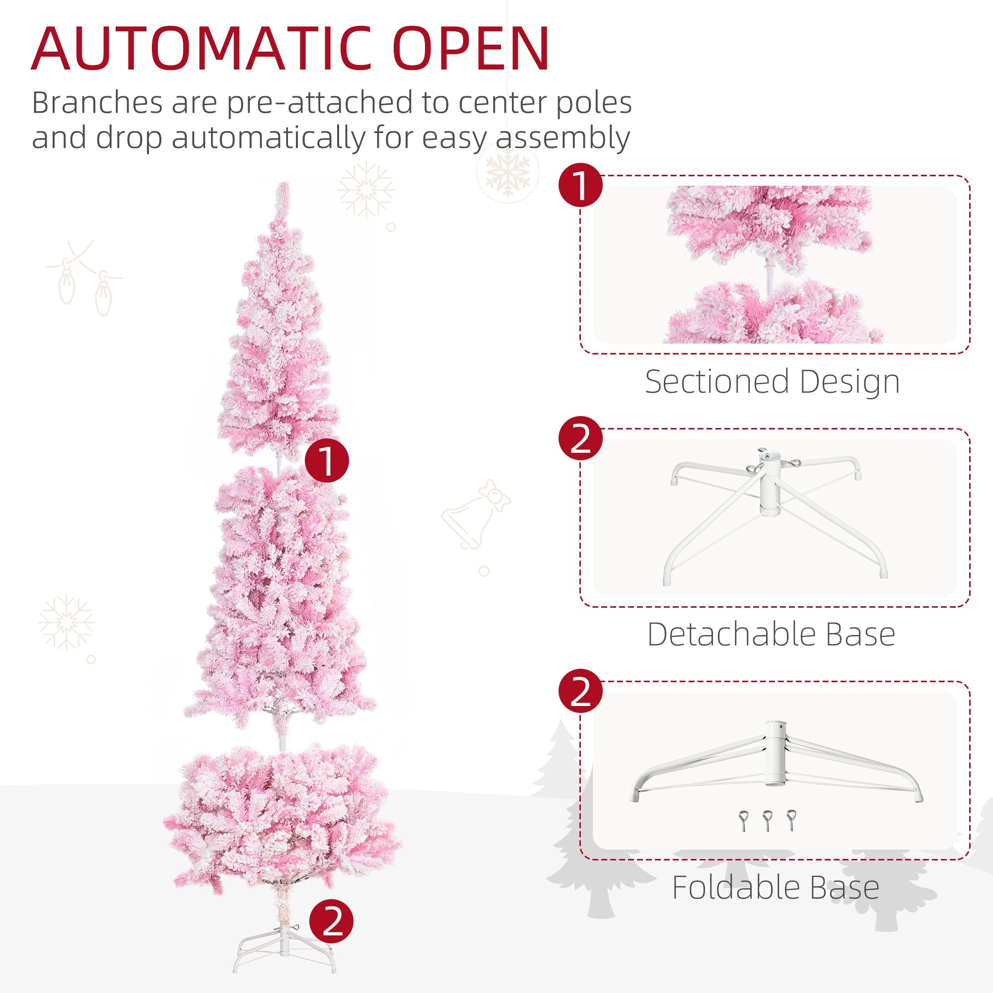 HOMCOM 7.5 Foot Snow Flocked Artificial Christmas Tree Pencil Xmas Tree with 800 Realistic Branches, Auto Open and Steel Base, Pink