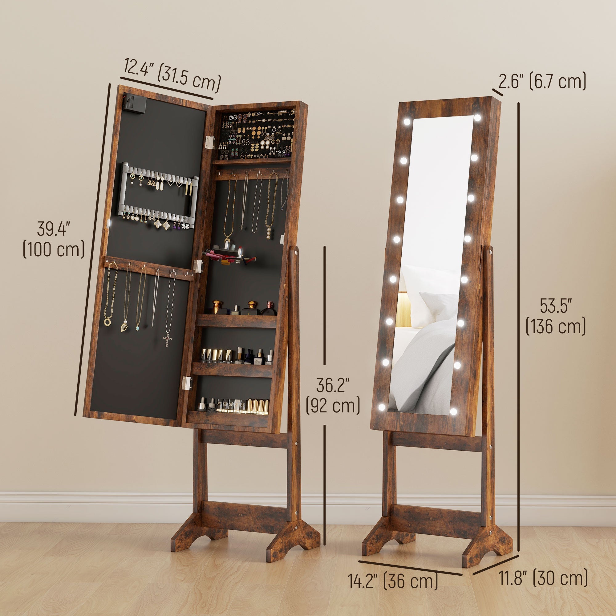 HOMCOM Freestanding Armoire Jewelry Cabinet Lighted Mirror Angle Adjustable 16 LED Lights Rustic Brown