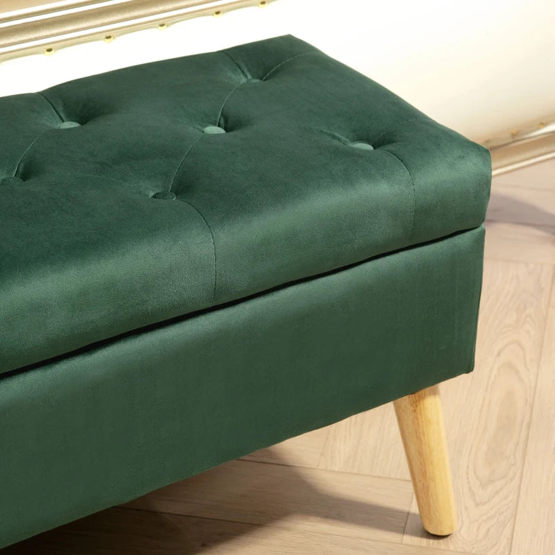 Storage Ottoman with Lid, Velvet Upholstered Storage Bench with Wood Legs for Living Room, Dark Green