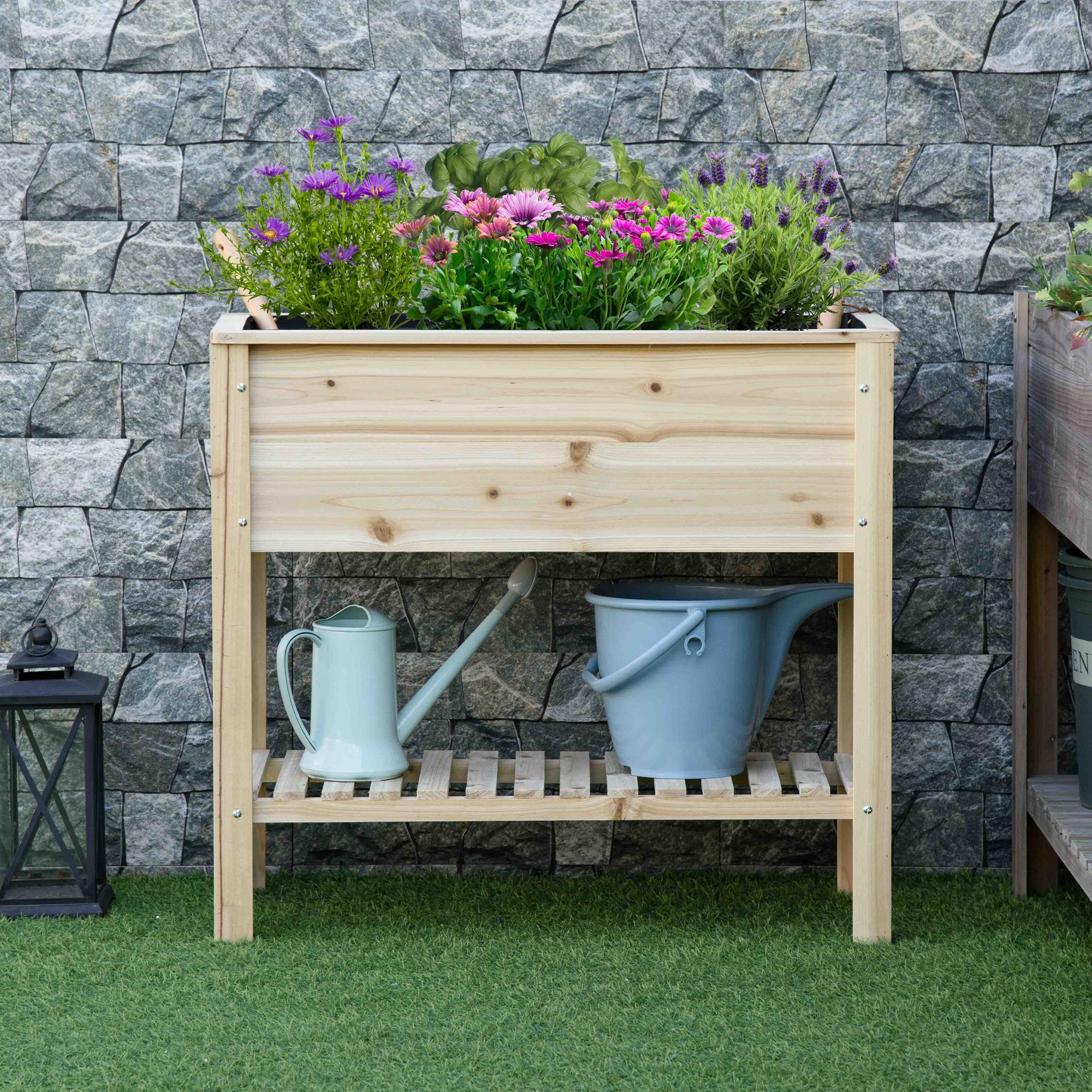Outsunny Elevated Wooden Planter Box with Shelf for Flowers Vegetables Herbs 36" x 16" x 32" Natural
