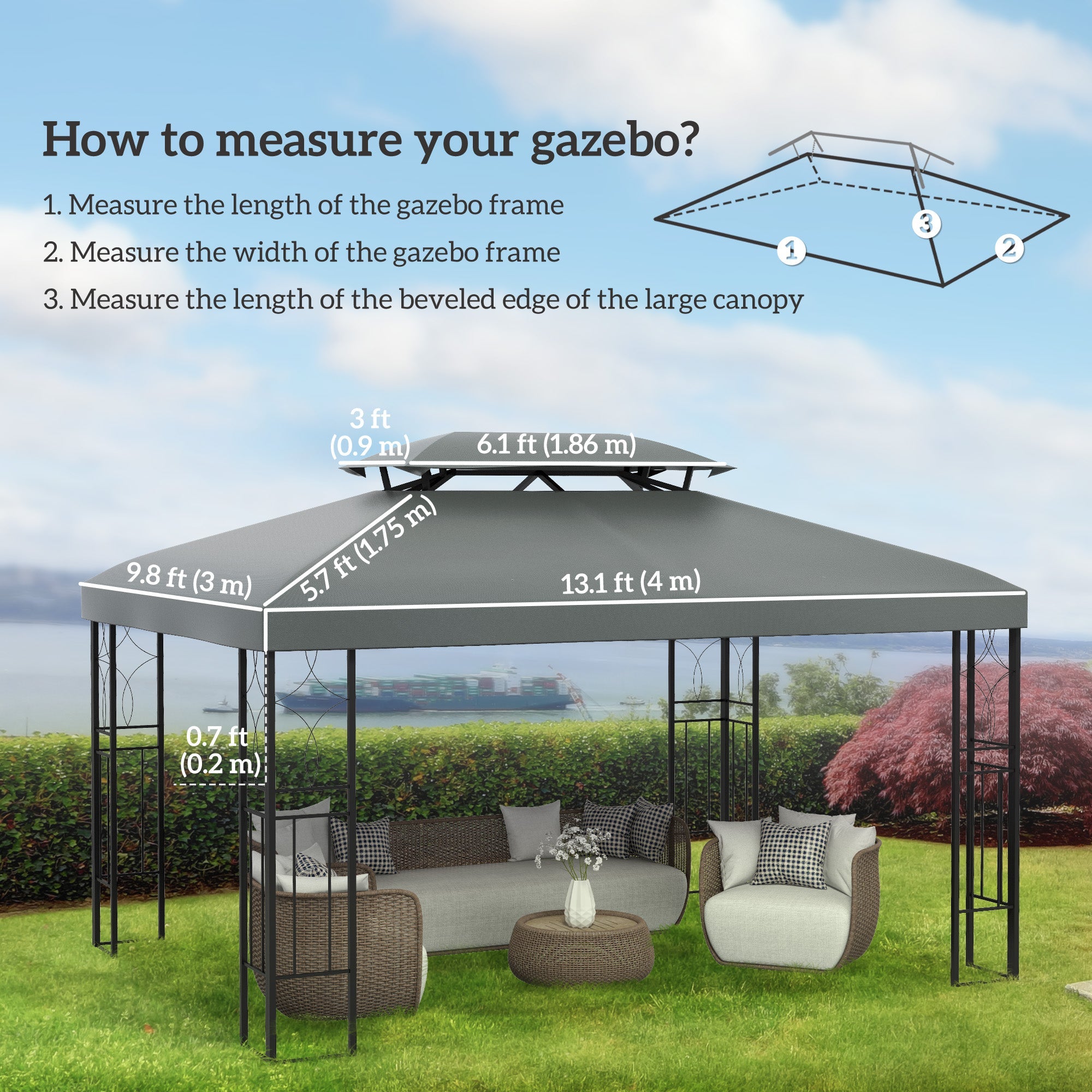 Outsunny 13' x 10' Gazebo Replacement Canopy 2 Tier Top UV Cover Pavilion Garden Patio Outdoor, Deep Grey (TOP ONLY)